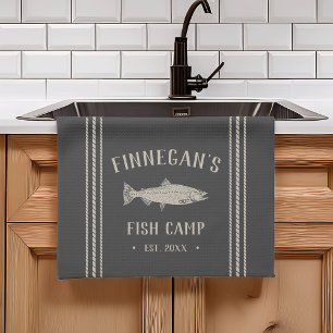 Charcoal Rustic Fish Camp Personalized Kitchen Towel
