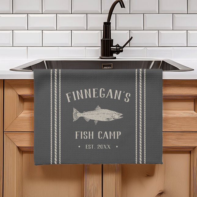 Charcoal Rustic Fish Camp Personalized Kitchen Towel (Creator Uploaded)