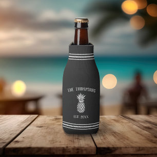Charcoal Rustic Pineapple Personalized Family Name Bottle Cooler