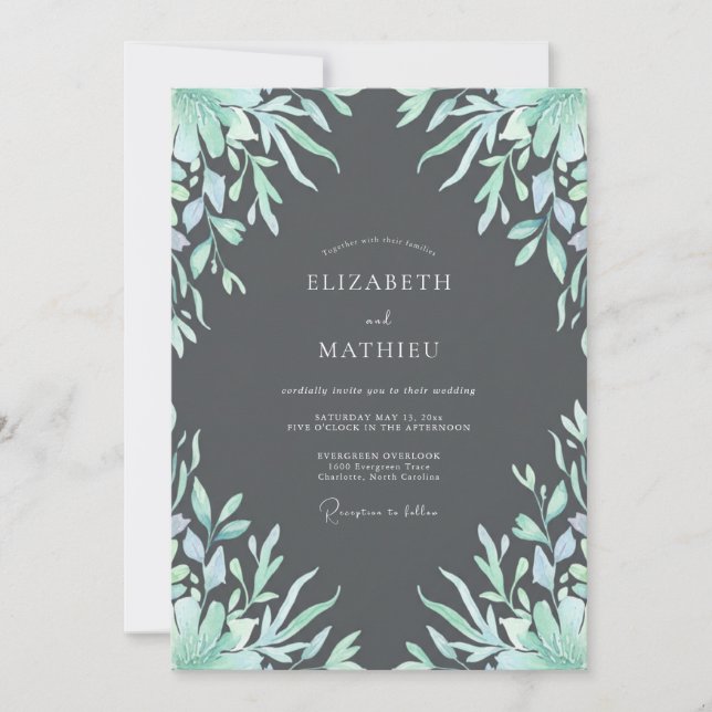 Charcoal Seafoam Leaf Wedding Invitation (Front)