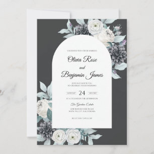 Charcoal Silver Bouquet Eucalyptus Wedding Invitation