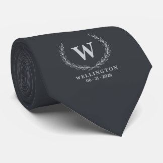 Charcoal Silver Laurel Monogram Wedding Date Tie