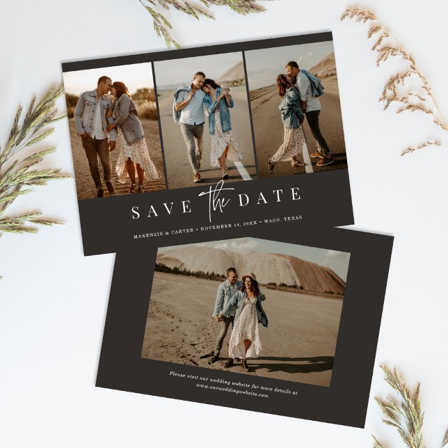 Charcoal Simple Modern Minimalist Four Photo Save The Date (Creator Uploaded)