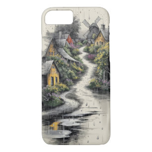 Charcoal Sketch of a Picturesque Rural Village Case-Mate iPhone Case