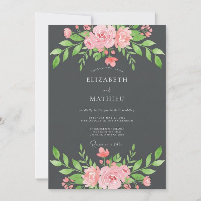 Charcoal Soft Blush Leafy Wedding Invitation (Front)
