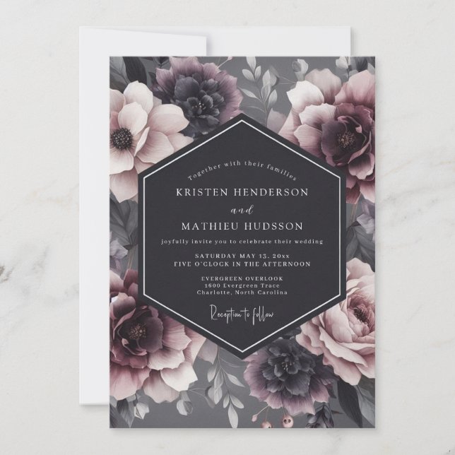 Charcoal Somber Flora Wedding Invitation (Front)