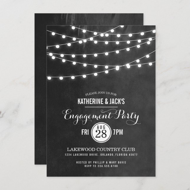 Charcoal String Lights Engagement Party Invitation (Front/Back)