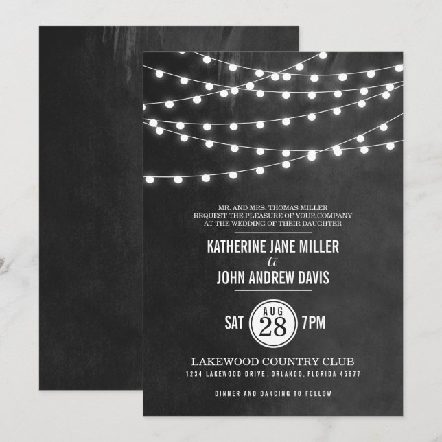 Charcoal String Lights Wedding Invitation (Front/Back)