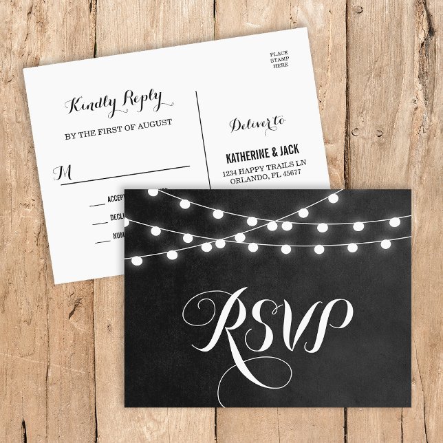 Charcoal String Lights Wedding RSVP Postcard (Creator Uploaded)