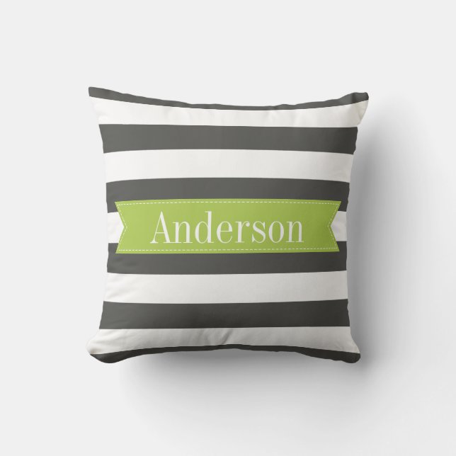 Charcoal Stripes with Lime Custom Monogram Throw Pillow (Front)