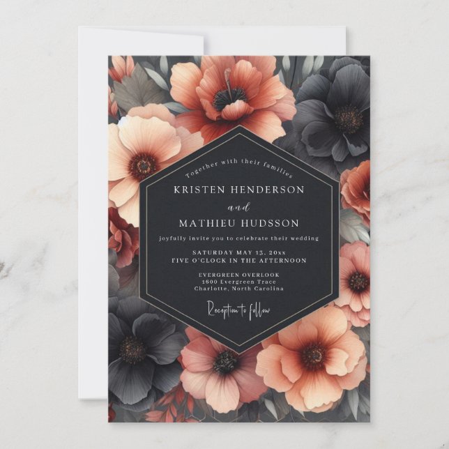 Charcoal & Terracotta Dramatic Bloom Wedding Invitation (Front)
