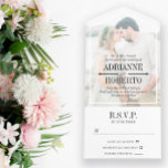 Charcoal Text Big Photo Wedding All In One Invitation<br><div class="desc">All in one wedding invitation you can personalize with a photo of the two of you beneath a sheer layer of white that helps the text pop. Informal wording with elegant charcoal fonts and your names in big letters.</div>