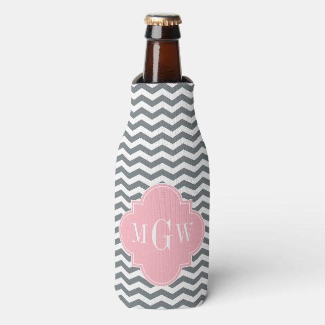 Charcoal Thin Chevron Pink Quatrefoil 3 Monogram Bottle Cooler (Bottle Front)