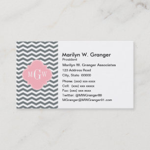 Charcoal Thin Chevron Pink Quatrefoil 3 Monogram Business Card
