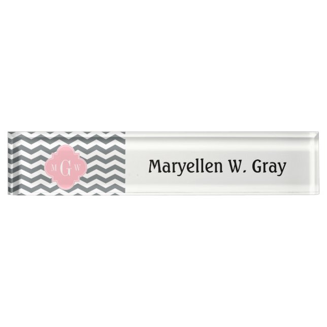 Charcoal Thin Chevron Pink Quatrefoil 3 Monogram Nameplate (Front)