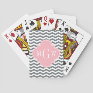 Charcoal Thin Chevron Pink Quatrefoil 3 Monogram Playing Cards