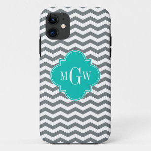Charcoal Thin Chevron Teal Quatrefoil 3 Monogram iPhone 11 Case