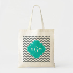 Charcoal Thin Chevron Teal Quatrefoil 3 Monogram Tote Bag