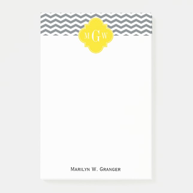 Charcoal Thin Chevron Yellow Quatrefoil 3 Monogram Post-it Notes (Front)