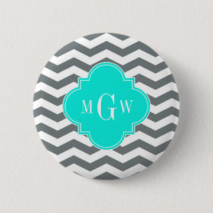 Charcoal Tn Chevron Brt Aqua Quatrefoil 3 Monogram 2 Inch Round Button