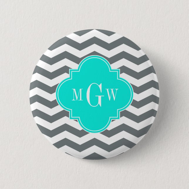 Charcoal Tn Chevron Brt Aqua Quatrefoil 3 Monogram 2 Inch Round Button (Front)