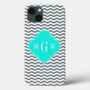Charcoal Tn Chevron Brt Aqua Quatrefoil 3 Monogram iPhone 13 Case
