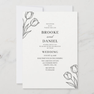 Charcoal Tulip Minimal Line Art Wedding Invitation