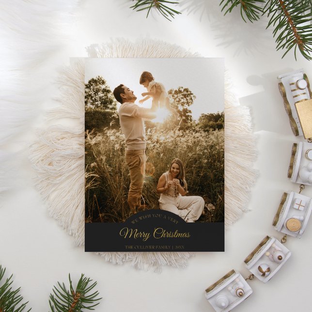 Charcoal Very Merry Christmas Four Photo Vertical Foil Holiday Card (Creator Uploaded)