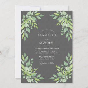 Charcoal Watercolor Leaf Wedding Invitation