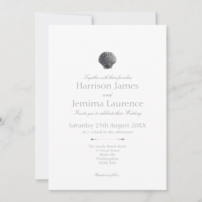 Charcoal Watercolour Sea Shell Wedding Invitation (Front)
