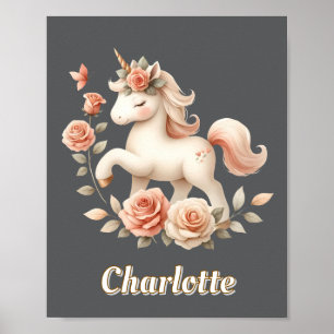 Charcoal whimsical pastel unicorn with roses poster