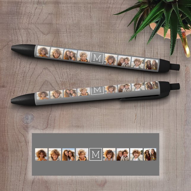 Charcoal White 8 Photo Collage Custom Monogram Black Ink Pen (Custom Pen - Personalize this writing pen with photos, your name, monogram or other text)