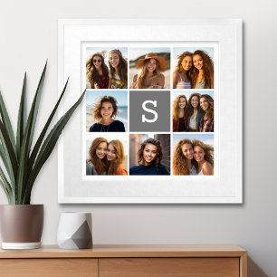 Charcoal White 8 Photo Collage Custom Monogram Canvas Print