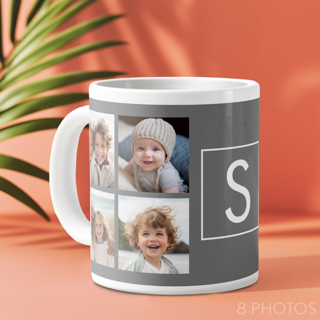 Charcoal White 8 Photo Collage Custom Monogram Large Coffee Mug (Custom Photo Collage Mug)