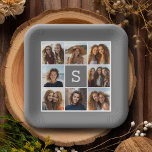 Charcoal White 8 Photo Collage Custom Monogram Paper Plate<br><div class="desc">You can use any photos for this design. Use 8 square photos to create a unique and personal gift. Or you can keep the hipster puppy and make a trendy keepsake. If you need to adjust the pictures,  click on the customize tool to make changes.</div>