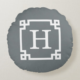 Charcoal White Greek Key Frame #2 Initial Monogram Round Pillow