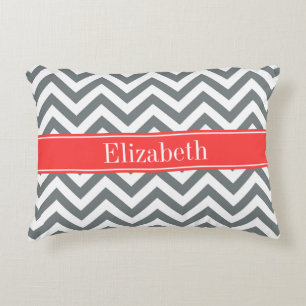 Charcoal White LG Chevron Coral Red Name Monogram Decorative Pillow