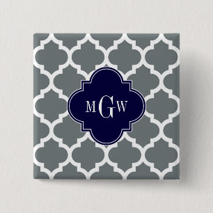 Charcoal White Moroccan #5 Navy 3 Initial Monogram 2 Inch Square Button