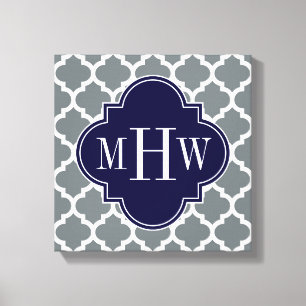 Charcoal White Moroccan #5 Navy 3 Initial Monogram Canvas Print