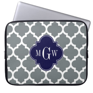 Charcoal White Moroccan #5 Navy 3 Initial Monogram Laptop Sleeve