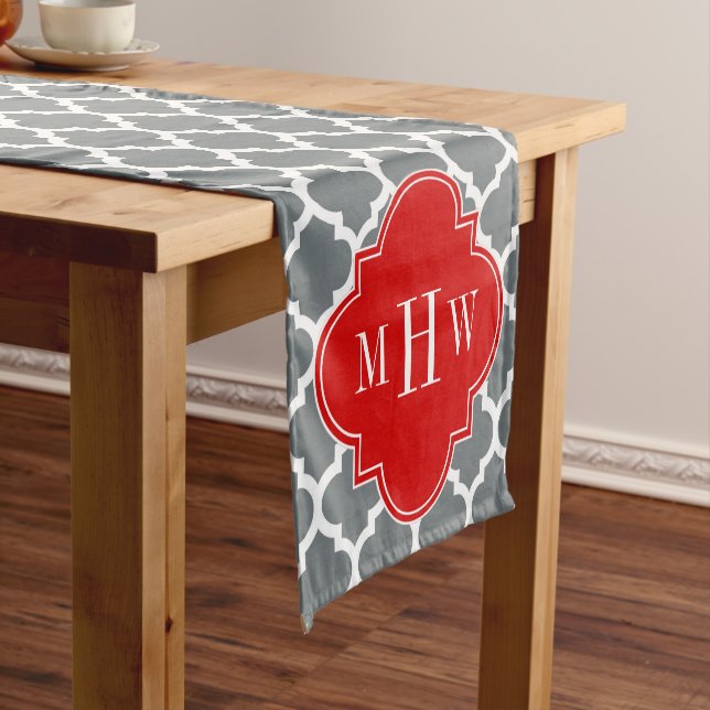 Charcoal, White Moroccan #5 Red 3 Initial Monogram Short Table Runner (In Situ)