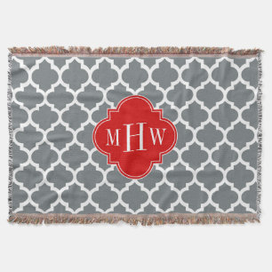 Charcoal, White Moroccan #5 Red 3 Initial Monogram Throw Blanket