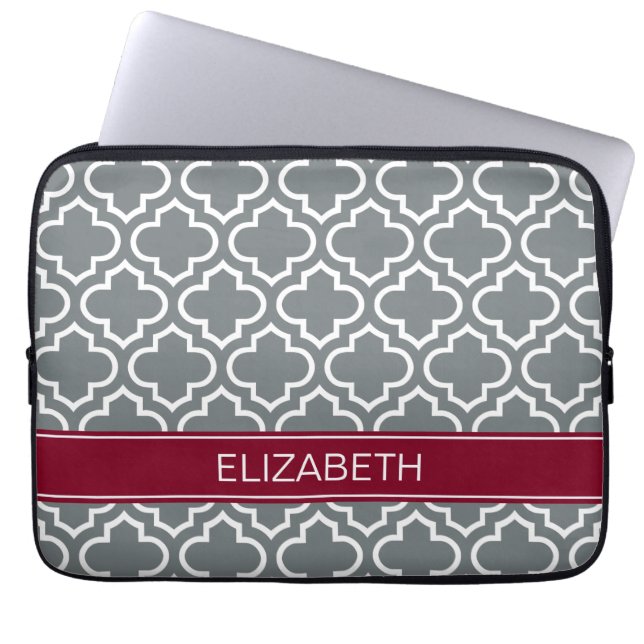 Charcoal White Moroccan #6 Burgundy Name Monogram Laptop Sleeve (Front)