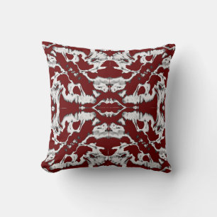 Charcoal White on Burgundy Ornate Symmetrical Throw Pillow