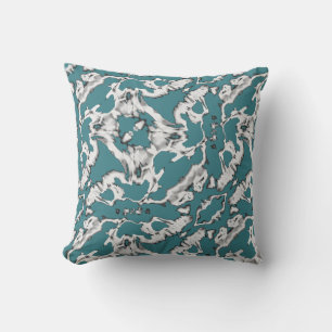 Charcoal White on Teal Blue Ornate Diagonal Motif Throw Pillow