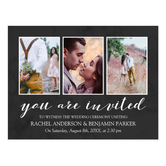 Charcoal & White Photo Collage Wedding Invitation Postcard