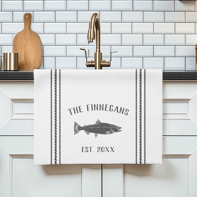 Charcoal & White Rustic Fish Personalized Kitchen Towel (Creator Uploaded)
