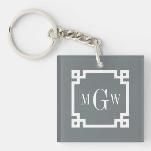 Charcoal Wht Greek Key #2 Framed 3 Init Monogram Keychain