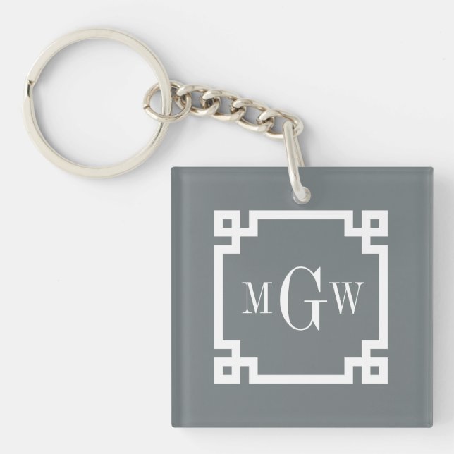 Charcoal Wht Greek Key #2 Framed 3 Init Monogram Keychain (Front)