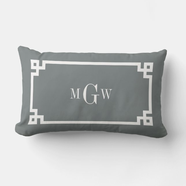 Charcoal Wht Greek Key #2 Framed 3 Init Monogram Lumbar Pillow (Front)